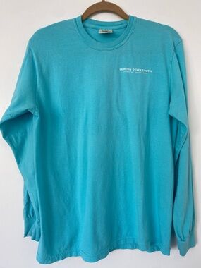 Comfort Colors, ‘Sewing Down South’ Seafoam Teal Long Sleeve Crewneck Tee